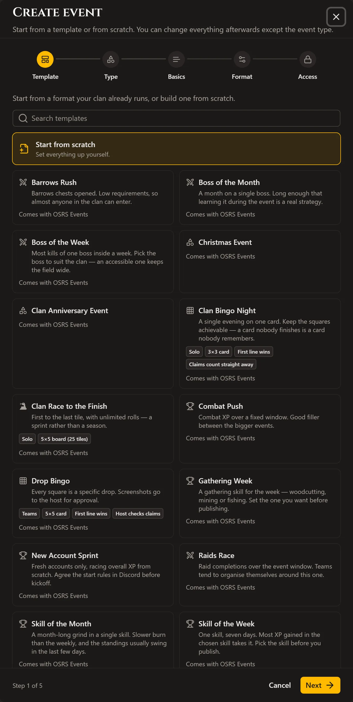 The first step of the create-event dialog: a five-step bar reading Template, Type, Basics, Format and Access, with ready-made formats to start from — among them Skill of the Month, Skill of the Week and Gathering Week — or the option to start from scratch.