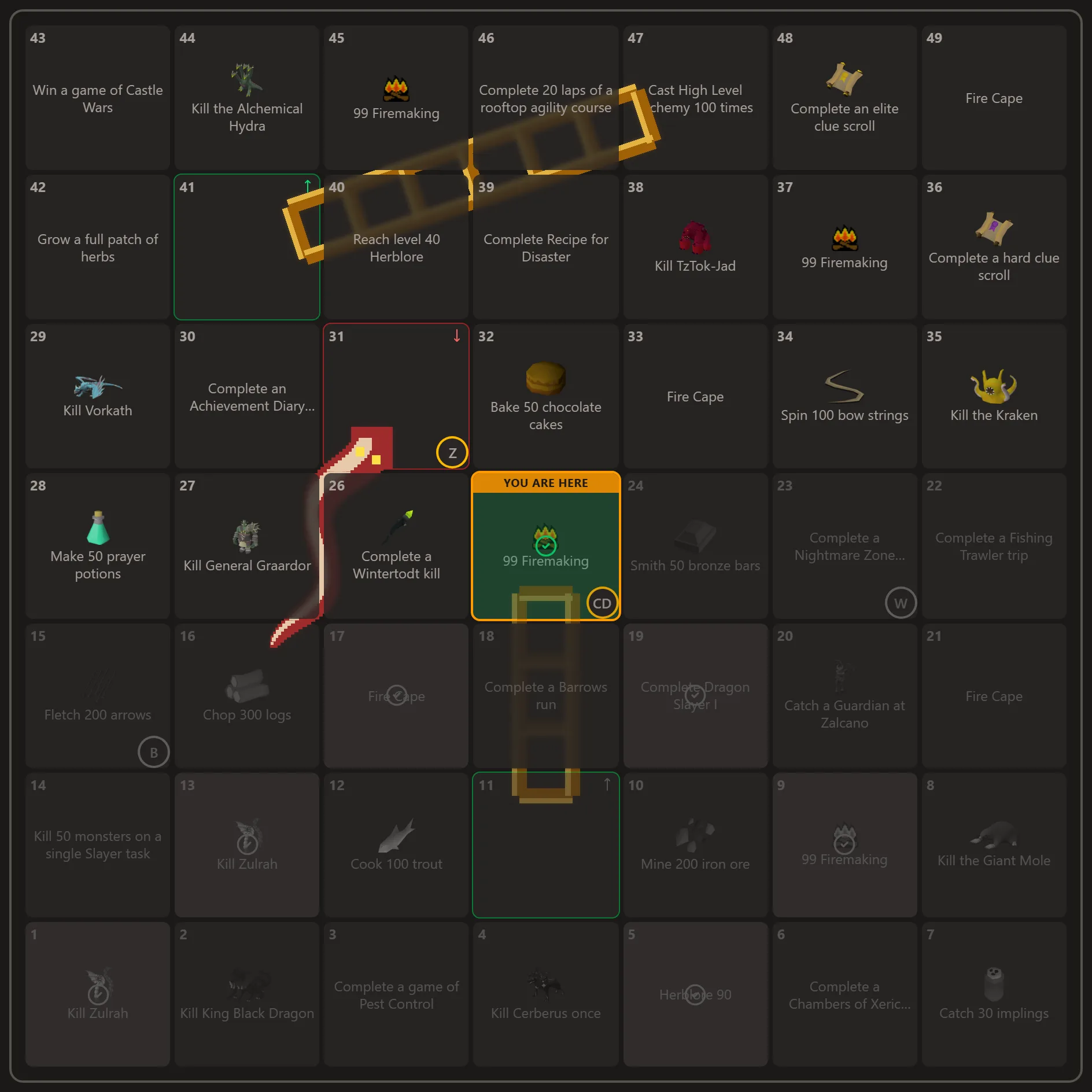 A live board mid-event: every tile carries an OSRS task and its icon, a snake and two ladders are drawn across the grid, other players' pieces sit on the tiles they reached, and the player's own tile is marked "You are here".