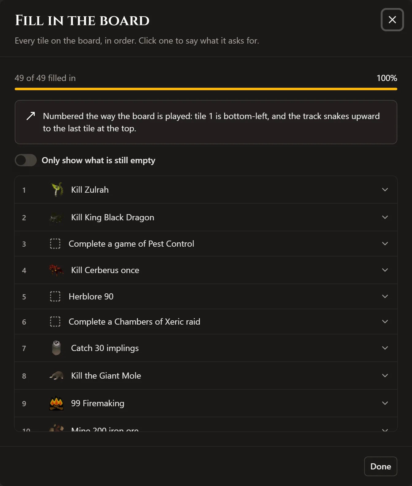The host's tile list for a board: every tile in play order with its icon and its OSRS task, a progress bar reading forty-nine of forty-nine filled in, and a switch to show only the tiles that are still empty.